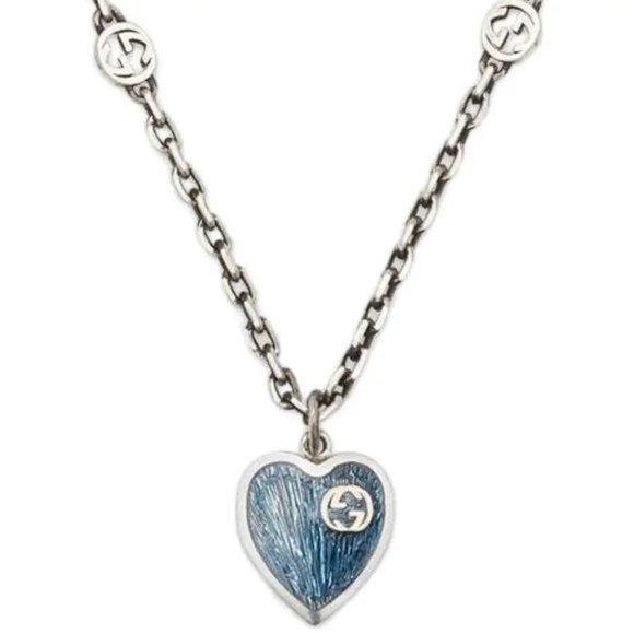 Gucci Interlocking G Light Blue Heart Pendant Necklace 925 Sterling Silver
